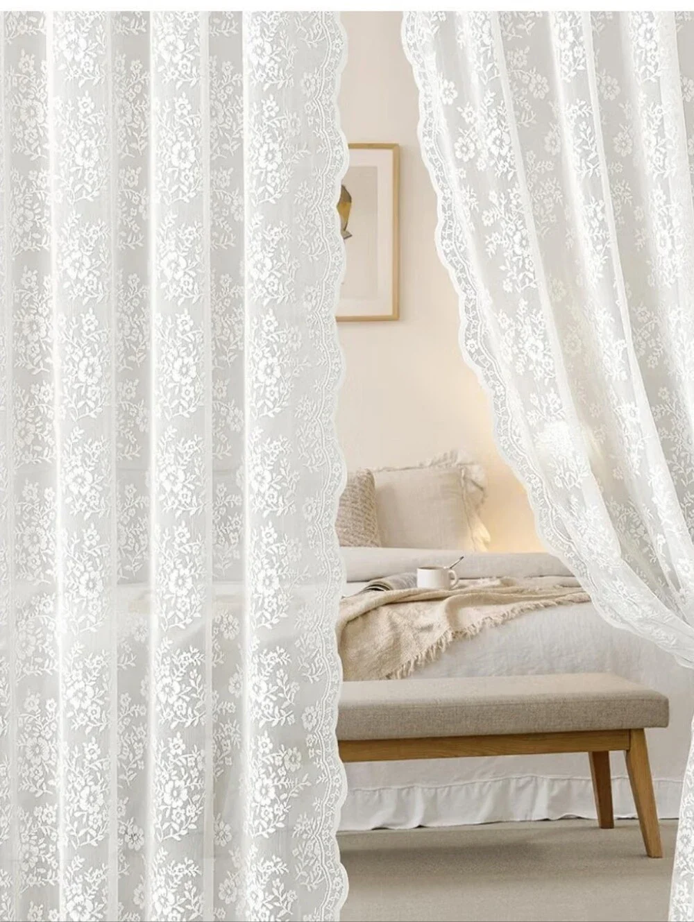 Sheer Floral Lace Curtain Panel in White Set Of 2 Panels 52Wx63L
